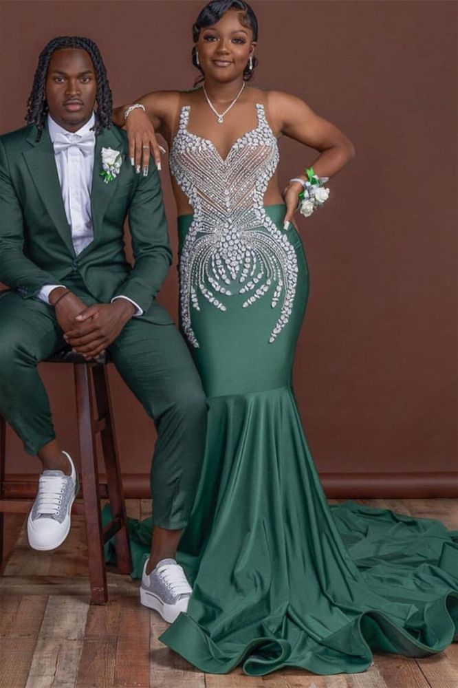 Silver Beaded Dark Green Satin Prom Dresses Court Train