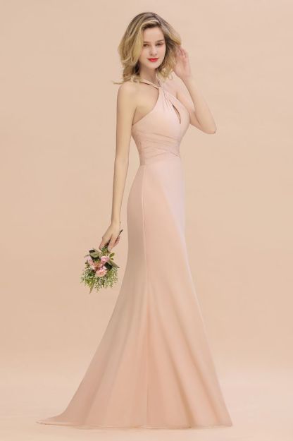 Halter Chiffon Mermaid Bridesmaid Dress Sleeveless Wedding Party Dress