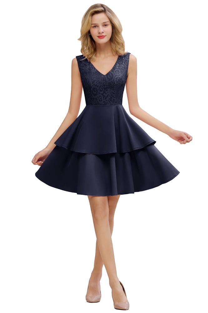 Sexy V-neck V-back Knee Length Homecoming Dresses with Ruffle Skirt | Burgundy, Navy, Pink Dress for Homecoming-Babyonlinewholesale