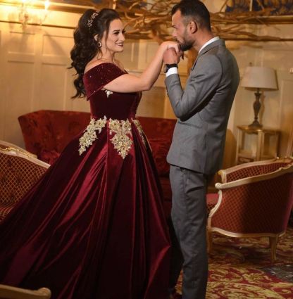 Off-the-shoulder Dark Burgundy Golden appliques Ball Gown Evening Dress