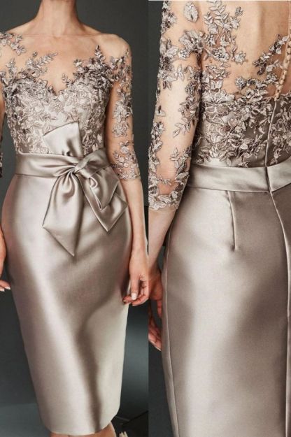 Charming Bateau 3/4 Long Sleeves Mermaid Satin Lace Prom Dresses