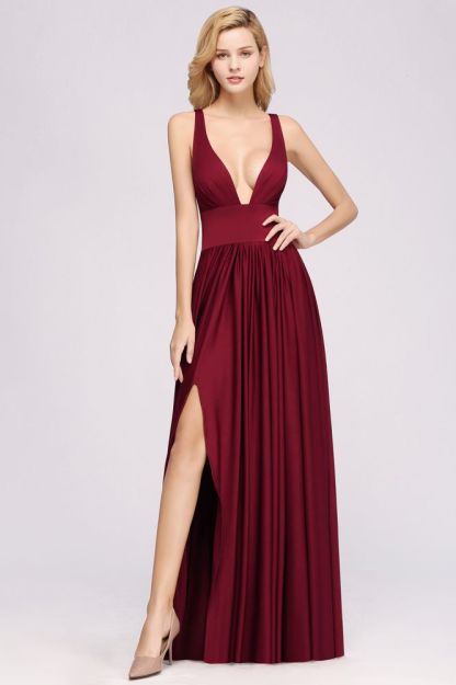 A-Line Jersey V-Neck Sleeveless Long Bridesmaid with Ruffles