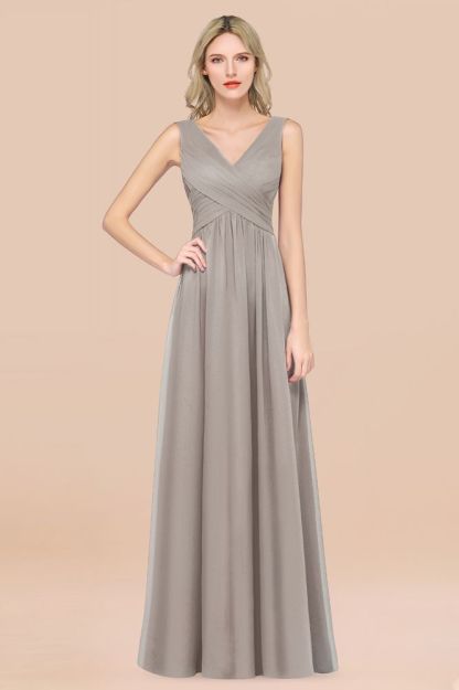Chiffon A-Line Straps V-Neck Sleeveless Long Bridesmaid Dress with Ruffles