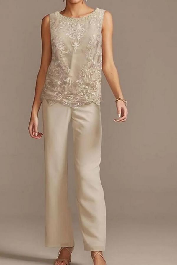 Chiffon Mother of the Bride Dress Scoop Neeck Floral Lace Jumpsuit Wedding Guest Dress