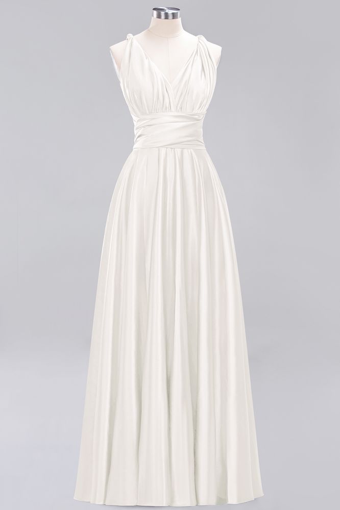 Simple A-Line V-Neck Sleeveless Floor Length Convertible Bridesmaid Dress with Ruffles