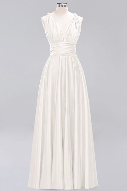 Simple A-Line V-Neck Sleeveless Floor Length Convertible Bridesmaid Dress with Ruffles