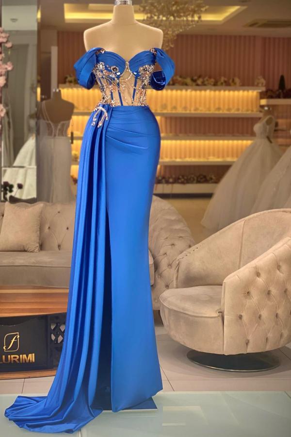 Blue Off the shoulder Mermaid Court Train Prom Dresses