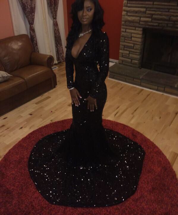 Sparkly Black Sequins Long-Sleeves Deep-V-Neck Alluring Prom Dresses
