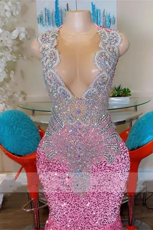 Sleeveless Silver Beaded Pink Sequin Mermaid Prom Dresses