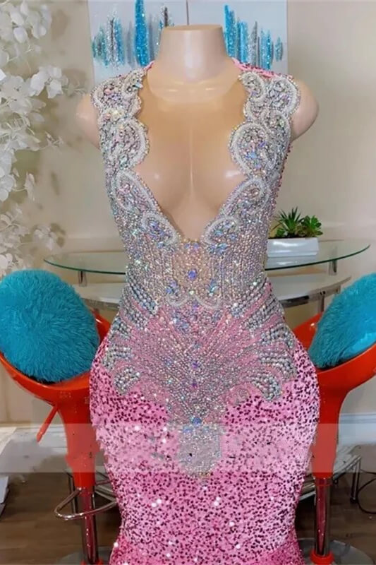 Sleeveless Silver Beaded Pink Sequin Mermaid Prom Dresses