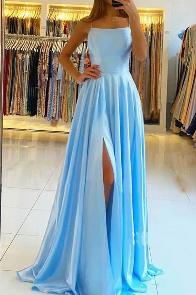 Stunning Spaghetti Straps Satin Evening Dress with Side Slit