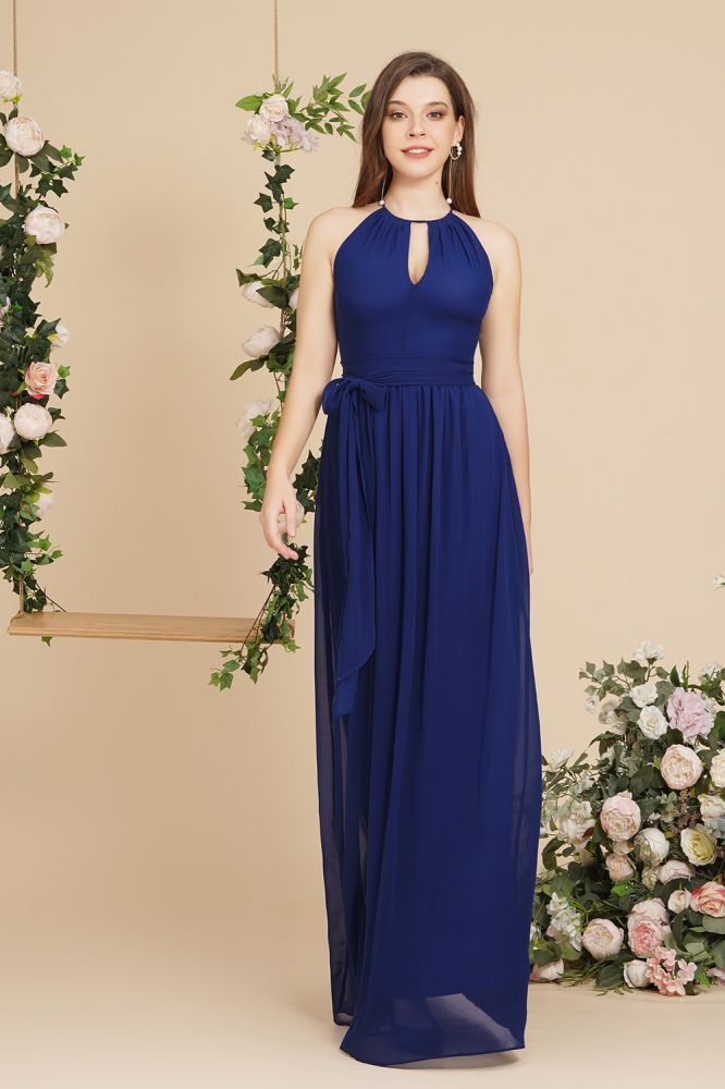 High neckline Dark Blue Simple Chiffon Evening Dress