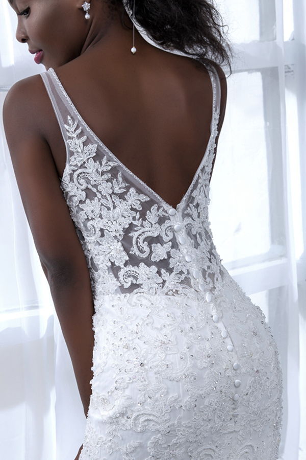 V-neck White Court Train Wedding Dresses