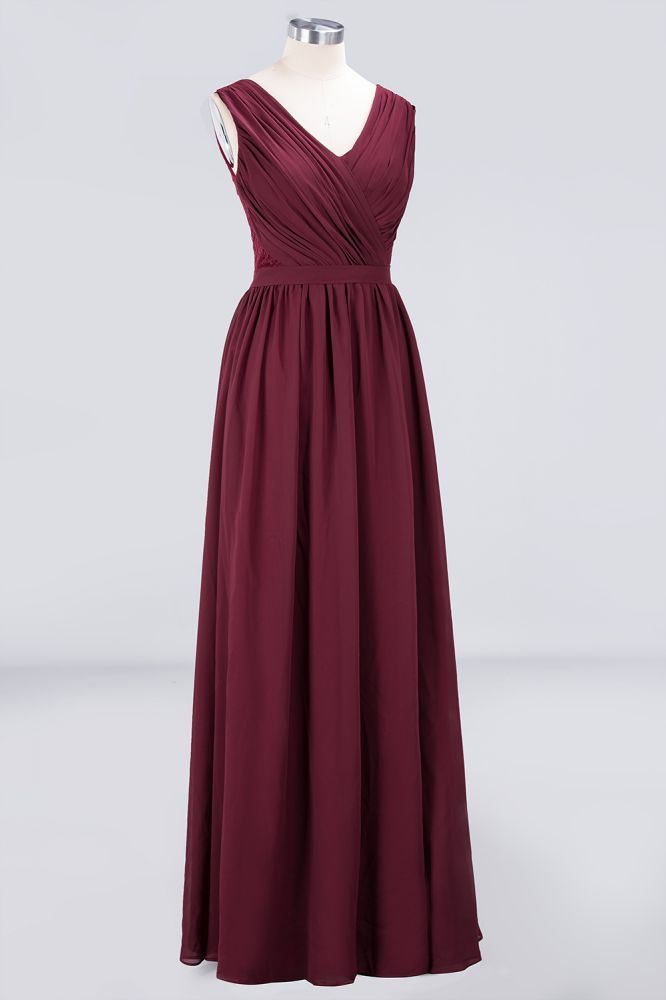 Chiffon A-Line Lace V-Neck Sleeveless Long Bridesmaid Dress with Ruffles