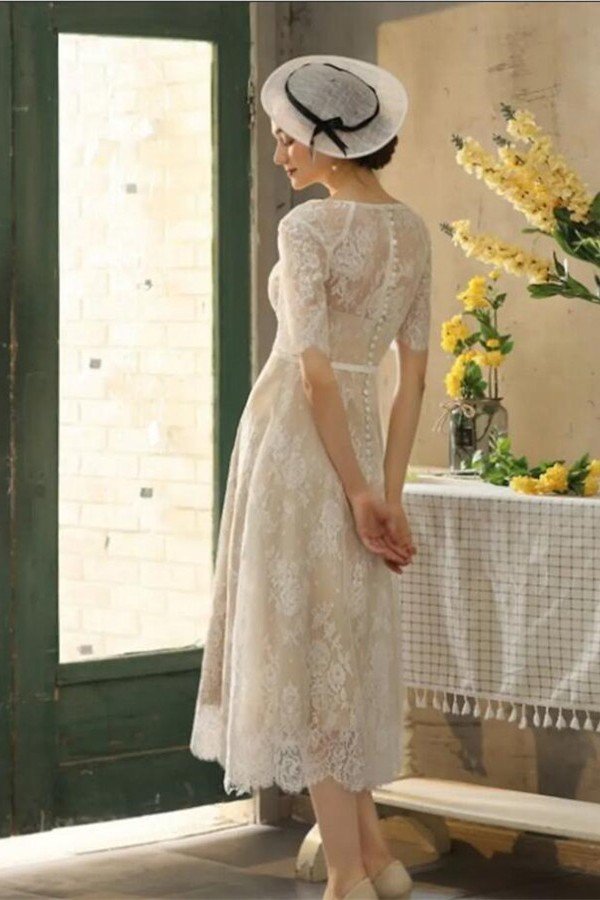 Exquisite Half Sleeves Lace Tea Length Jewel Sheath Wedding Dress