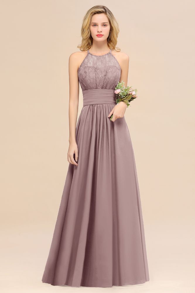 Purple Elegant Halter Hollow Lace Aline Maid of Honor Dress Floor Length Chiffon Bridesmaid Dress