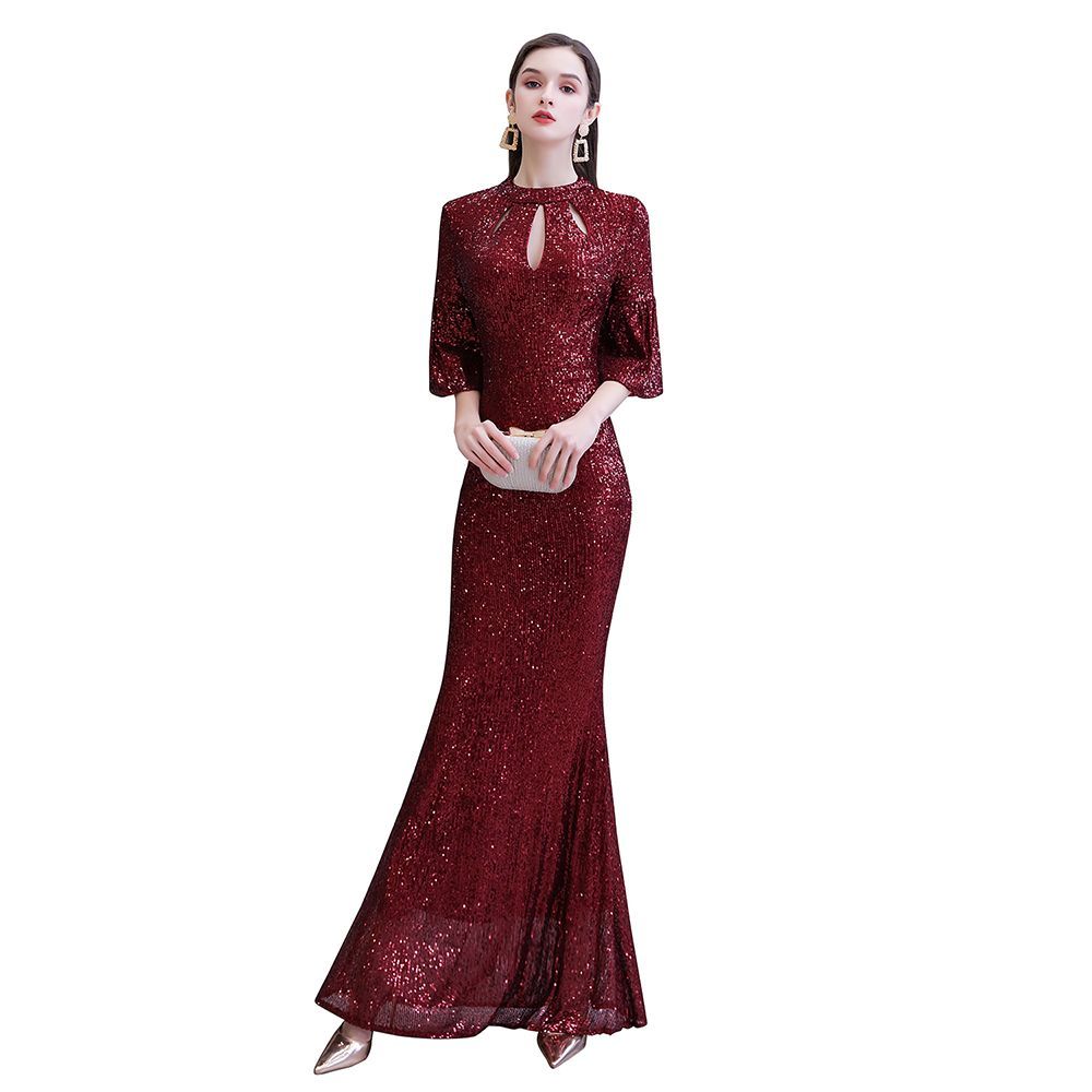 Glittering Half Sleeves Keyhole Mermaid Long Burgundy Prom Dress