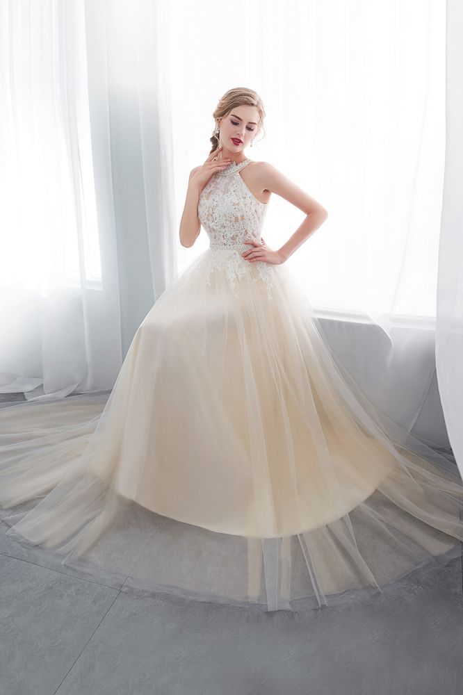 NATALIA | A-line Halter Floor Length Appliqued Tulle Evening Dresses