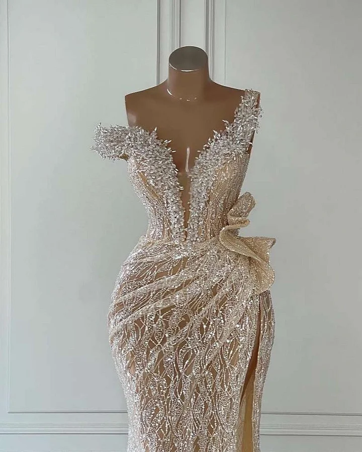Sequins One Shoulder Sleeveless Long Mermaid Prom Dress With Split