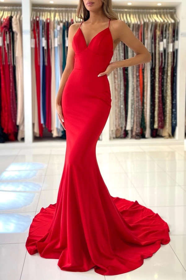Red Sexy Satin Prom Dress Spaghetti Straps V-Neck Evening Dress Long