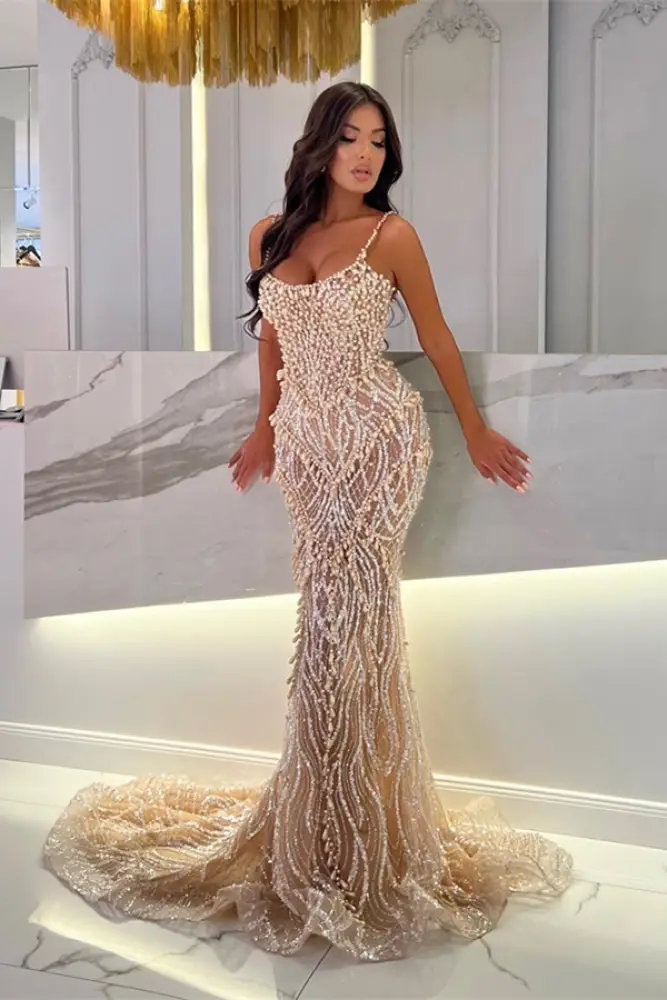 Strapless Mermaid Ivory Court Train Pearls Prom Dresses