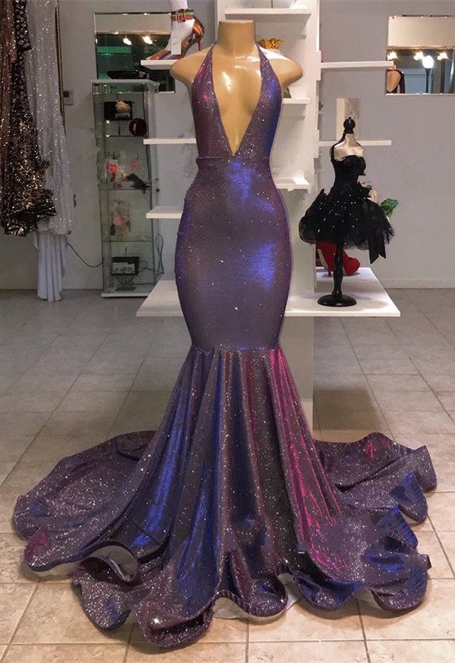 Sexy Deep V-Neck Sleeveless Prom Dresses | 2021 Halter Memaiad Sequins Evening Gowns
