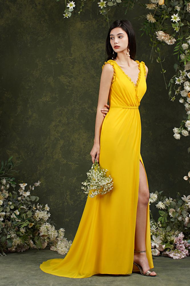 Deep V neck Sleeveless Split Front Floor-Length Prom dress