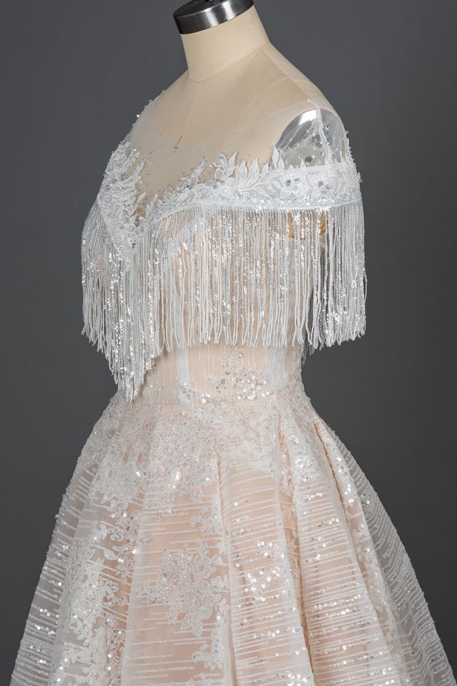 Short sleeves Ball gown white wedding dress with flowers