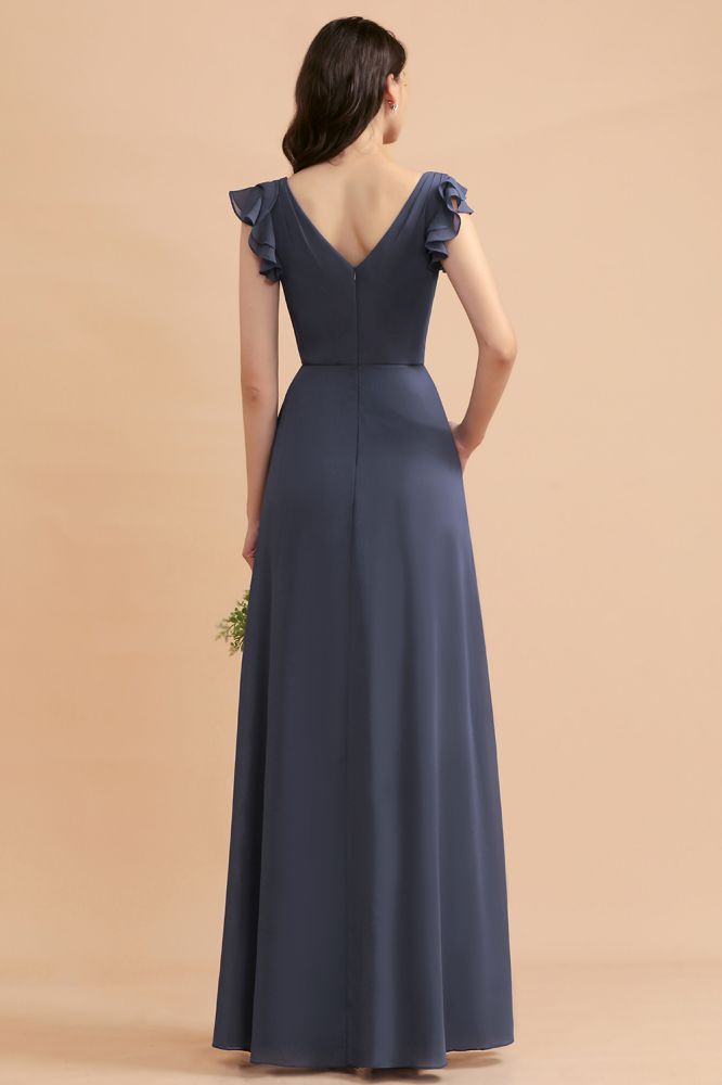 Ruffles Sleeves Chiffon Aline Wedding Party Dress Floor Length Evening Dress
