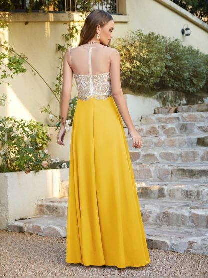 Sleeveless Lace Appliques Long Prom Dresses Chiffon Evening Party Gown