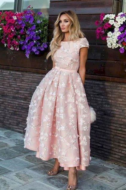Beautiful Pink Lace Round Neck Cap Sleeves Prom Dresses | Ankle Length Party Gowns