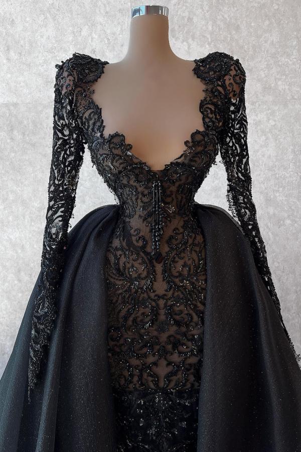 Deep V-neck Long sleeves Black Ball Gown Prom Dresses