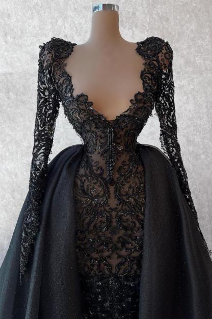 Deep V-neck Long sleeves Black Ball Gown Prom Dresses