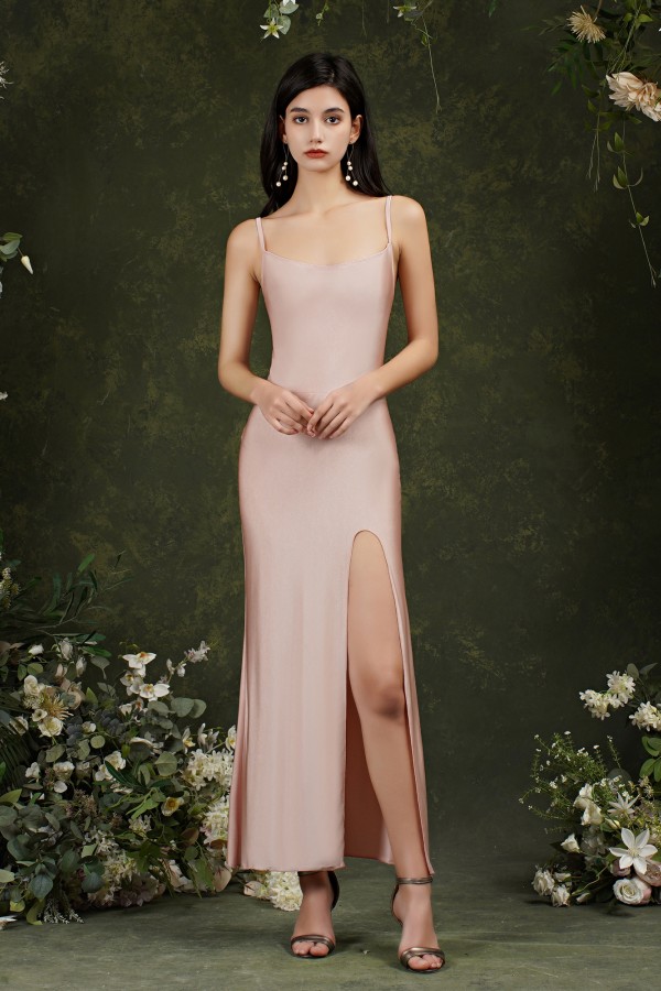 Sleeveless Satin Side Slit Prom Dress Stunning Spaghetti Straps Long Evening Dress