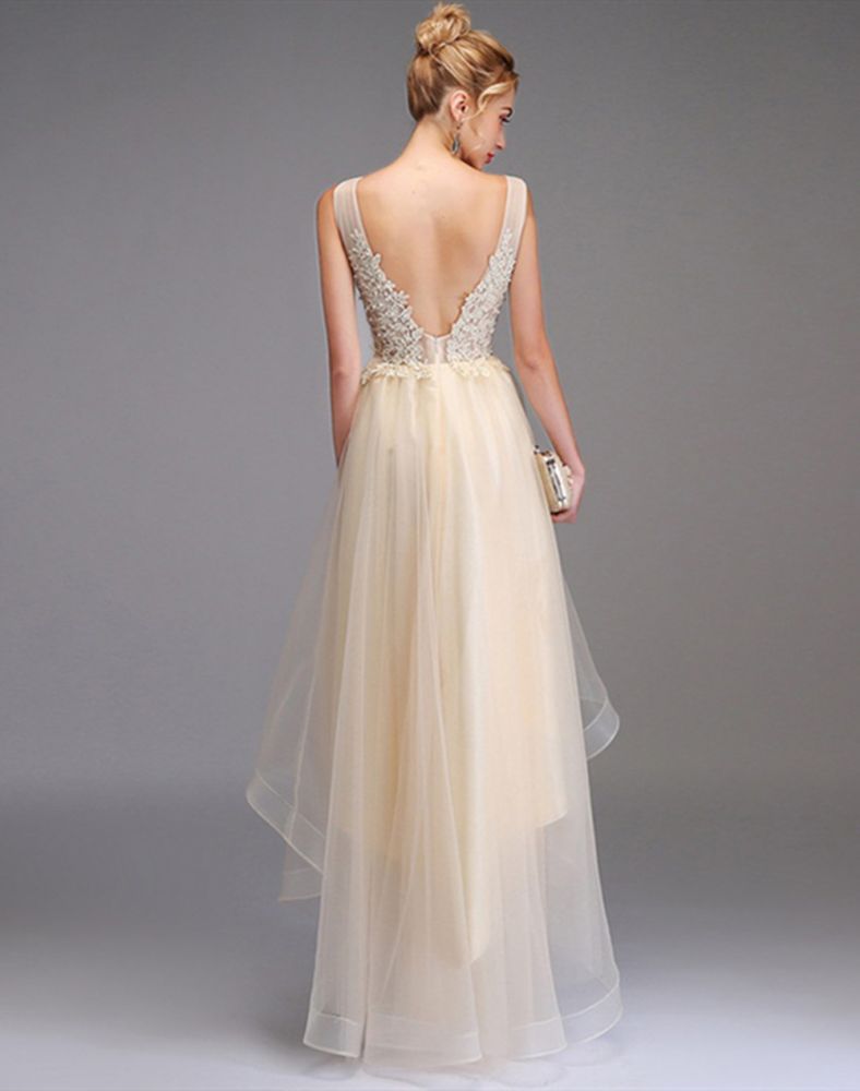 High-low Prom Dress A-line Sleeveless Double V-neck Princess Party Gown Lace Tulle Backless Dress