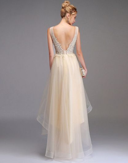 High-low Prom Dress A-line Sleeveless Double V-neck Princess Party Gown Lace Tulle Backless Dress