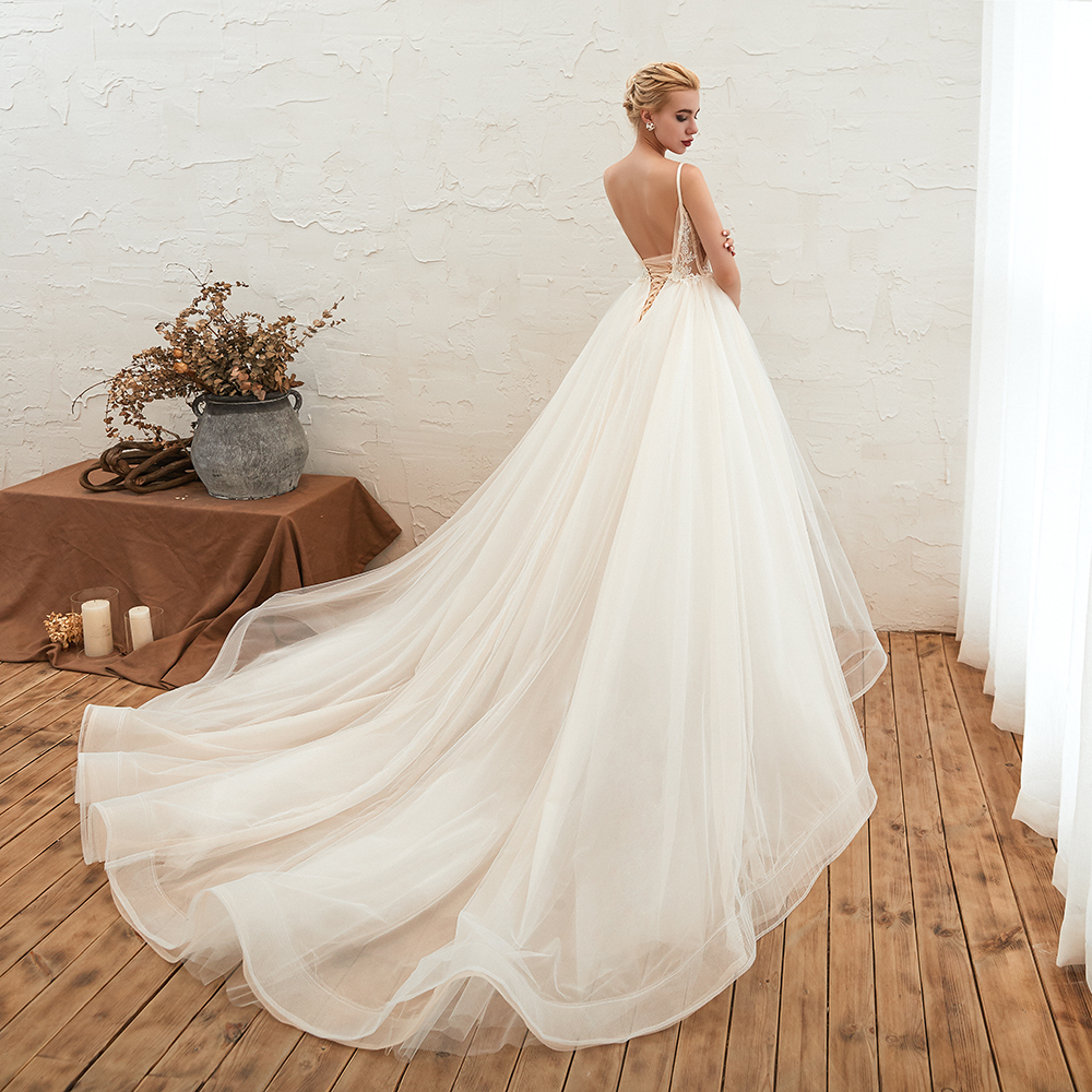 Boho Spaghetti Straps Ivory Ball Gown Wedding Dress | Romantic Bridal Gowns for Sale