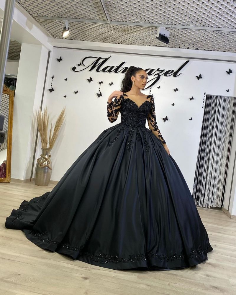 Stunning Black Lace Ball Gown Long Sleeves Floral Dancing Party Dress with Sweep Train