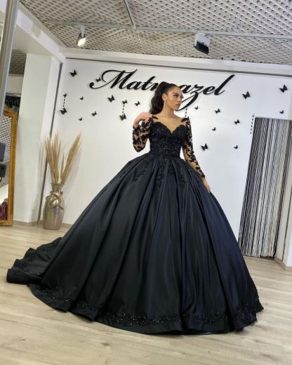 Stunning Black Lace Ball Gown Long Sleeves Floral Dancing Party Dress with Sweep Train