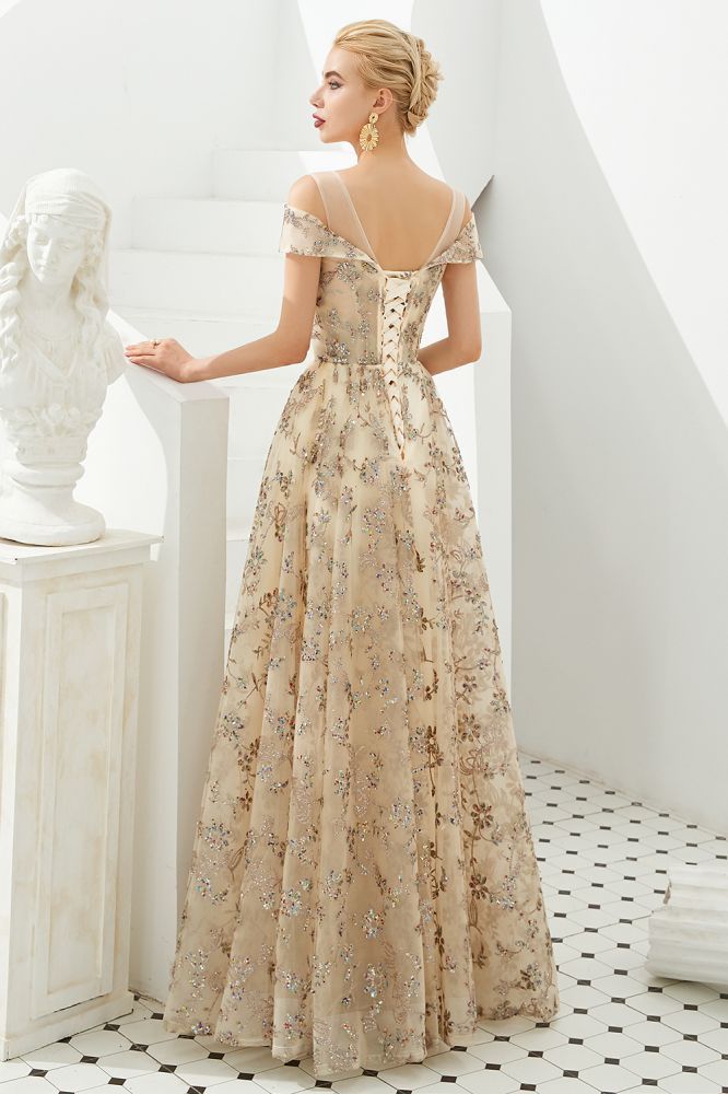 Herbert | Elegant Gold Cold shoulder Prom Dress with Delicate Multi-color Lace Appliques