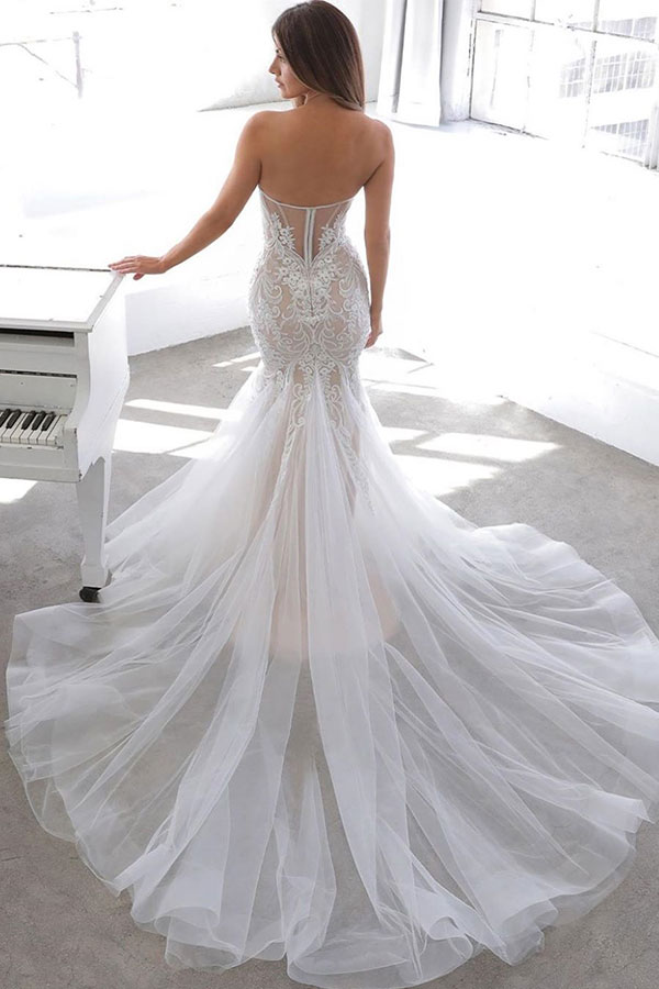 Simple Summer style White Sweetheart Mermaid Lace Wedding Dress Online