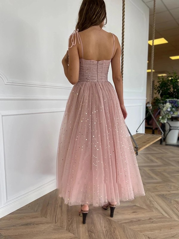 A-Line Ruffles Spaghetti Straps Sleeveless Ankle-Length Tulle Formal Party Dresses