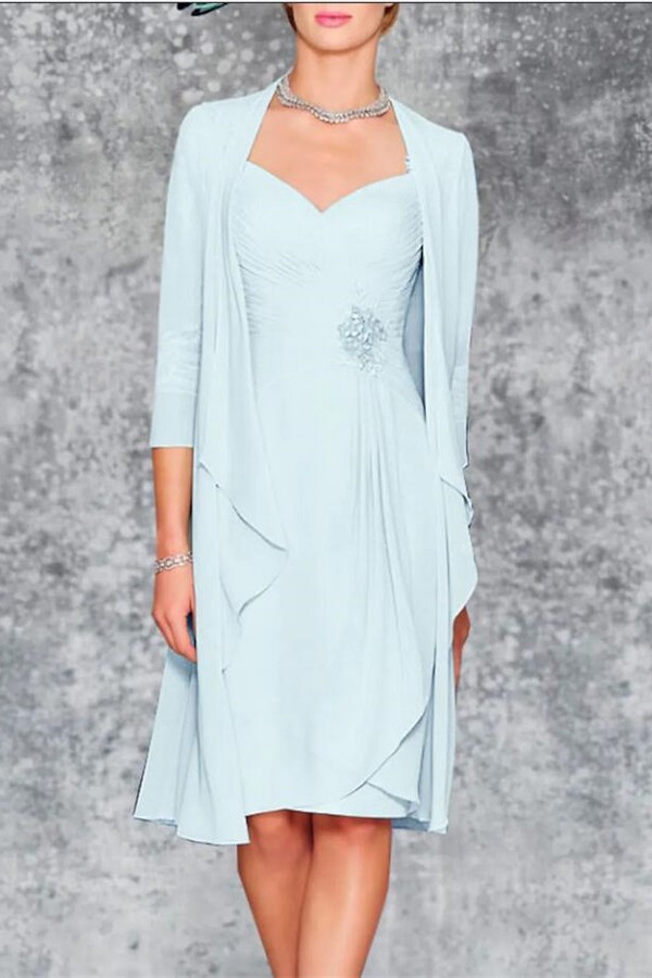 Elegant 3/4 Sleeves Knee Length Beading Sweetheart Mother Chiffon Prom Dress with Ruffles