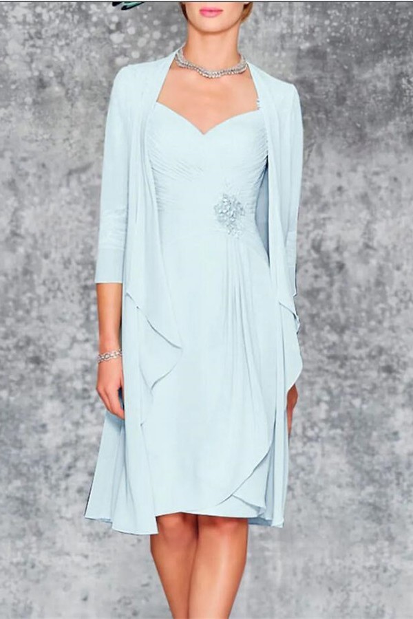 Elegant 3/4 Sleeves Knee Length Beading Sweetheart Mother Chiffon Prom Dress with Ruffles