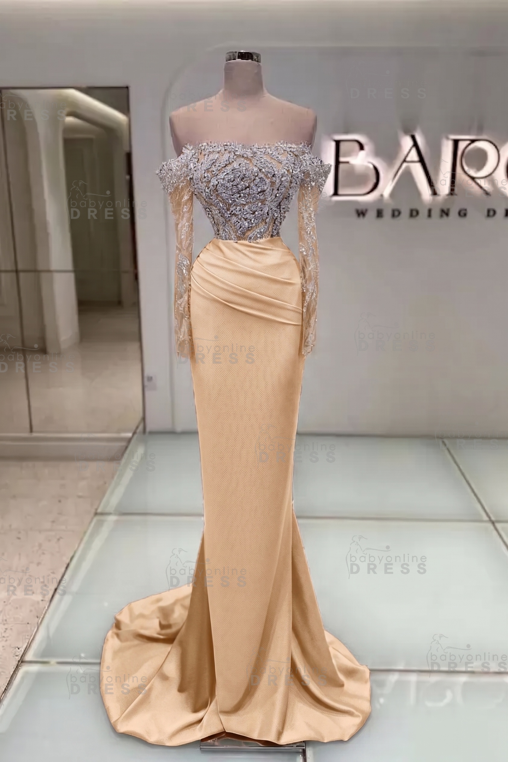 Off-the-Shoulder Ruffles Satin Mermaid Prom Dress Beadings with Sleeves