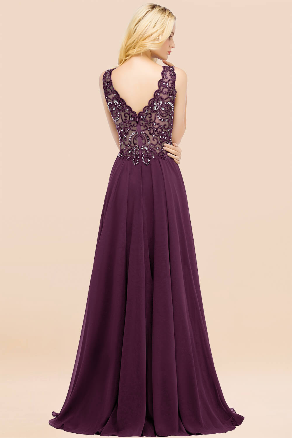 Elegant V-Neck Chiffon Aline Bridesmaid Dress Sleeveless Lace Beadings Wedding Guest Dress