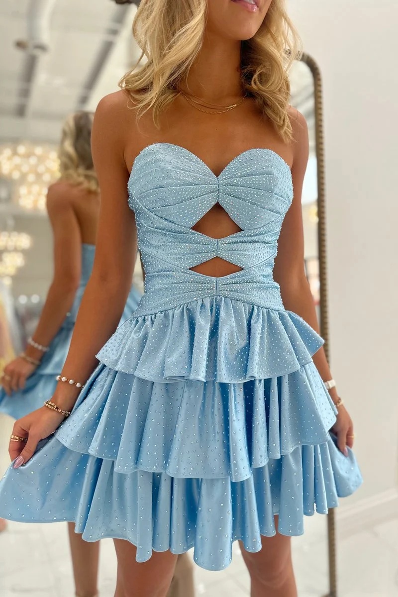 Sky Blue Sweetheart Beaded Lace-up Mini A-Line Homecoming Dress