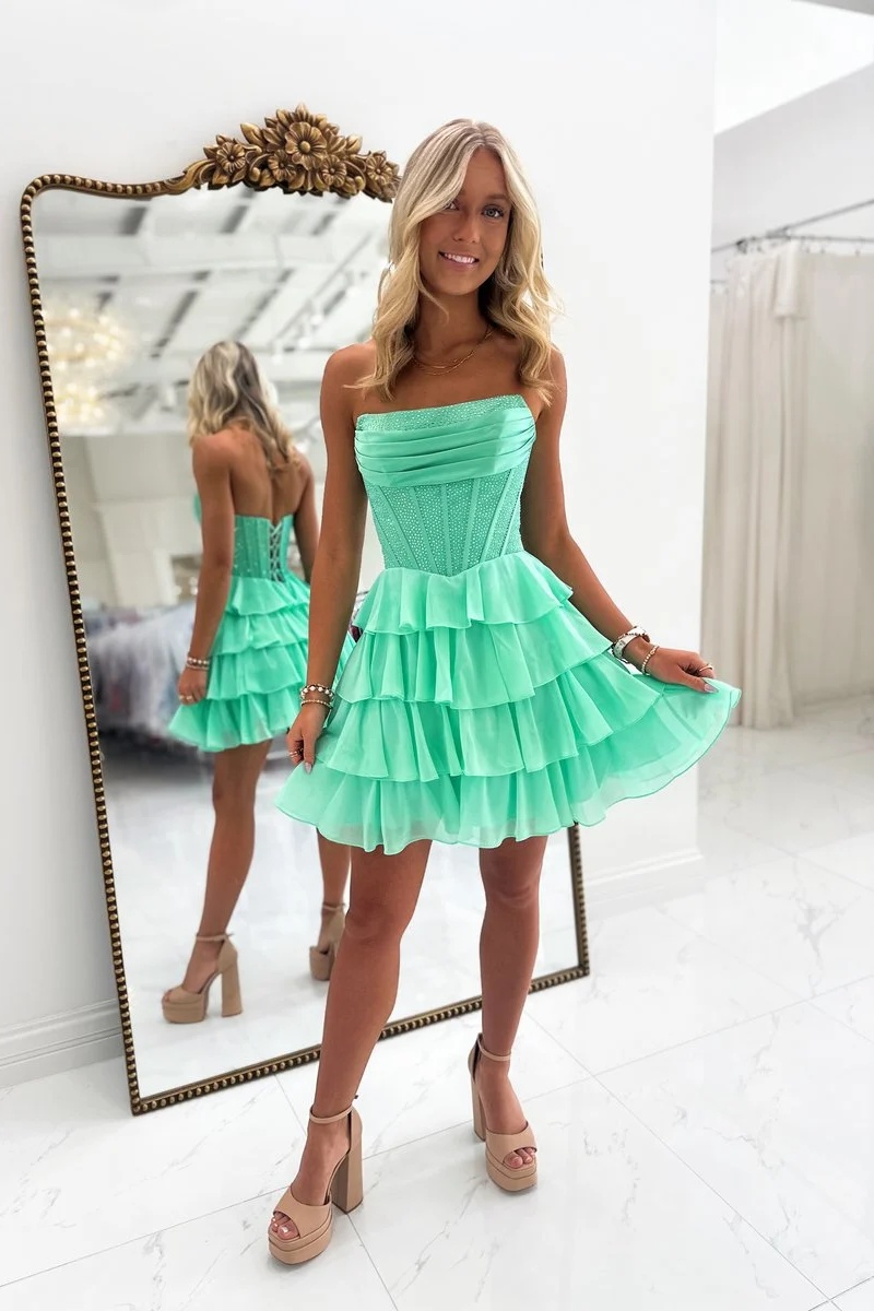 Green Strapless Corset Beaded Tiered Chiffon Short Homecoming Dress