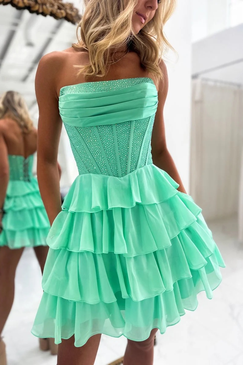 Green Strapless Corset Beaded Tiered Chiffon Short Homecoming Dress
