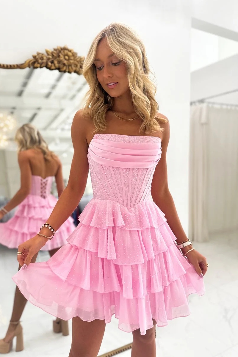 Green Strapless Corset Beaded Tiered Chiffon Short Homecoming Dress
